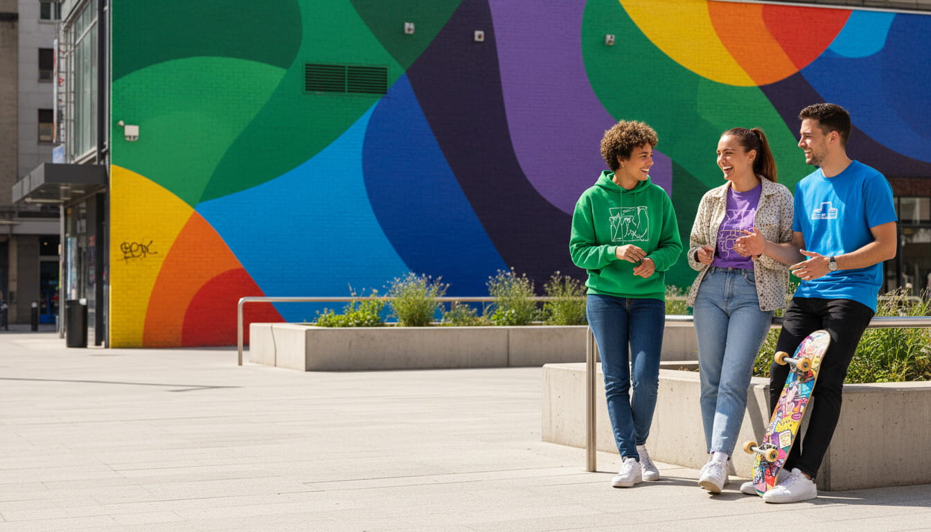 Jovens conversando em frente a mural colorido